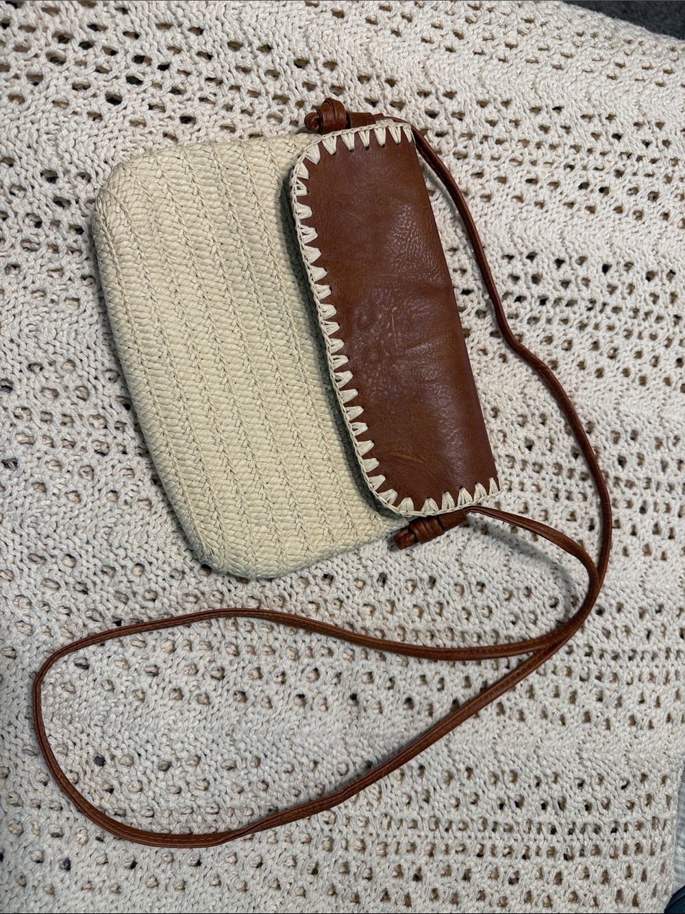 Cream Woven Crossbody with Brown Leather Trim